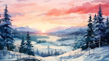 Winter landscape wallpaper with pine forest covered with snow and scenic sky at sunset, watercolorの素材