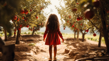 Little girl in red dress picking apples in orchard on sunny dayの素材