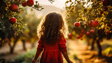 Cute little girl in red dress picking apples in an orchardの素材