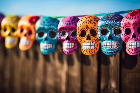 Colorful Mexican sugar skulls on a wooden wall. Day of the Dead concept.の素材