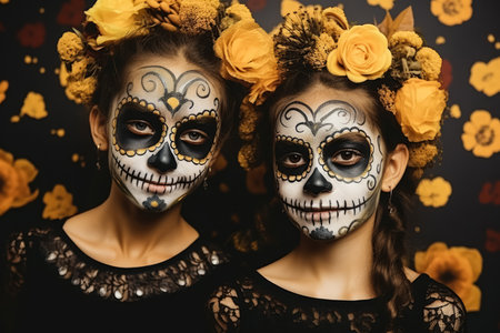 Two beautiful young girls with sugar skull makeup and flowers in hair. Halloween.の素材