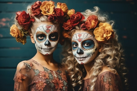 Sugar skull makeup and flowers in hair. Day of The Dead. Halloween.の素材