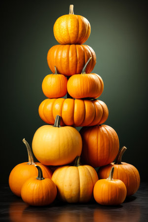 Halloween pumpkins stacked one on top of the other crazy balancing precariously and close to fall down isolated on vivid backgroundの素材