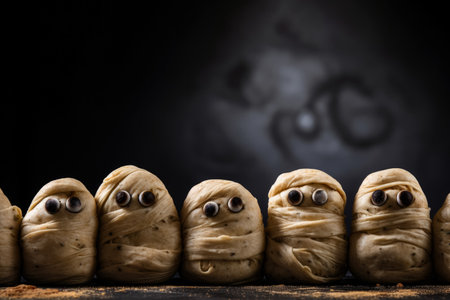 Scary Halloween sausage mummies in dough with funny eyes on table  dark background with empty space for textの素材