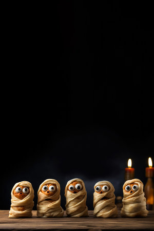 Scary Halloween sausage mummies in dough with funny eyes on table  dark background with empty space for textの素材