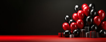 Black friday sale banner with dark shiny balloons on red background with place for textの素材