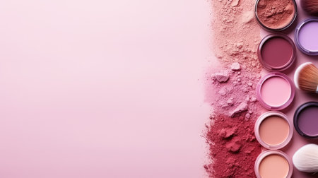 Make-up brushes and eye shadows on pink background, top viewの素材