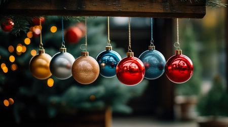 Christmas ornaments delicately hung on a lush green fir treeの素材
