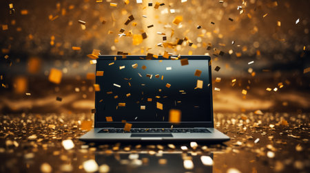 Cyber monday confetti computer technology futuristic gold background with empty space for textの素材