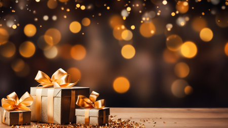 Gift boxes on wooden table and bokeh lights background.の素材
