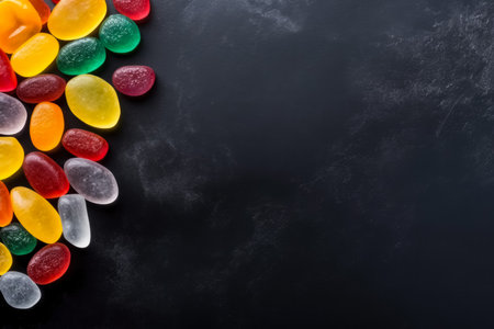 Delicious gumdrops dark background with empty space for textの素材