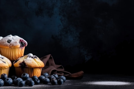 Delicious Blueberry Muffins dark background with empty space for textの素材
