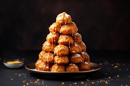 Delicious Croquembouche dark background with empty space for textの素材