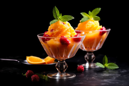 Delicious Peach Melba dark background with empty space for textの素材