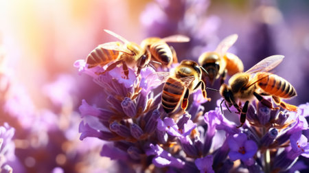 Honey bees diligently gathering pollen from a fragrant lavender farm; background with empty space for textの素材