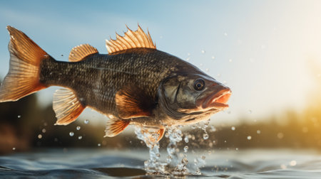 Catfish jumping out of a river; background with empty space for textの素材