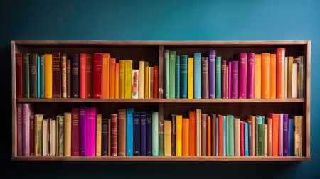 Old bookshelf with colorful books on blue background. back to school.の素材