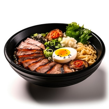 Miso Ramen in black bowl side view isolated on white backgroundの素材
