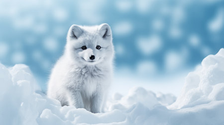 Arctic fox on snow background with empty space for textの素材