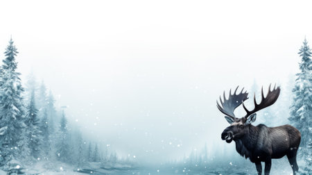 Snowy moose on snow background with empty space for textの素材