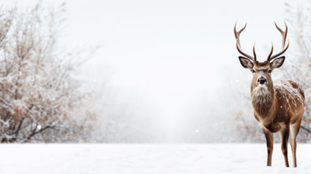 Snowy deer on snow background with empty space for textの素材
