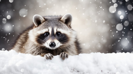 Snowy raccoon on snow background with empty space for textの素材