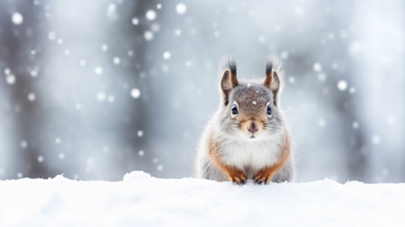 Snowy squirrel on snow background with empty space for textの素材