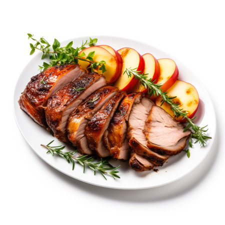 Roasted pork loin with apples and herbs isolated on white backgroundの素材