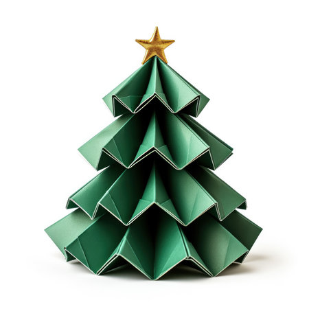 Handcrafted Christmas tree origami ornament isolated on white backgroundの素材