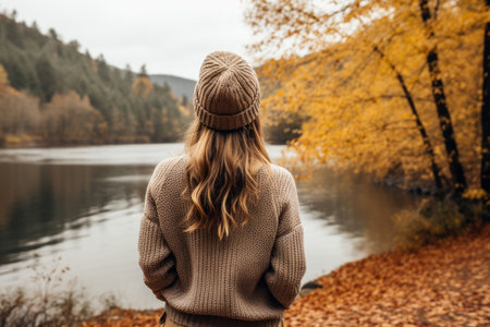 Person enjoying a morning walk by the river in a cozy sweaterの素材