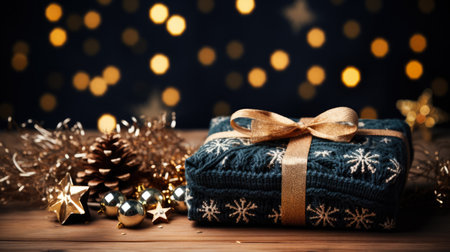 Knitted sweater background decorated with Christmas decorationsの素材