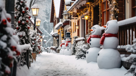 Cheerful street with decorated houses and snowmenの素材