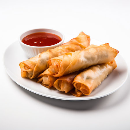 Fried egg rolls with sweet and sour sauce isolated on white background side viewの素材