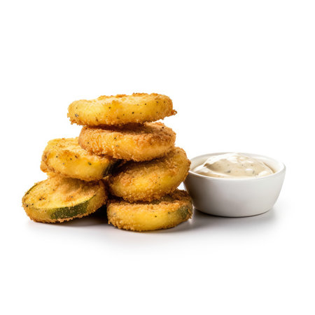 Fried pickles with aioli sauce isolated on white background side viewの素材