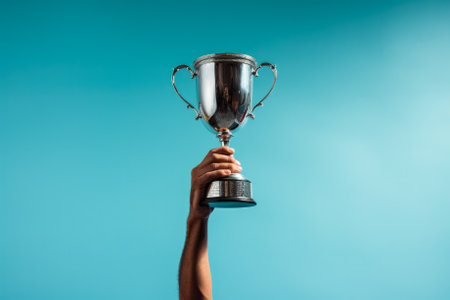 Golfer raising the championship trophy after a hard-fought win on blue background with empty space for textの素材