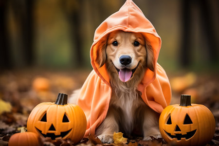 A Golden Retriever dog wearing a Halloween costumeの素材