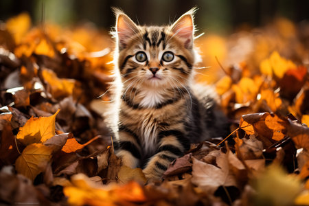 A kitten playing in a pile of leavesの素材