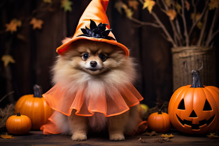 A Pomeranian dog wearing a Halloween costumeの素材
