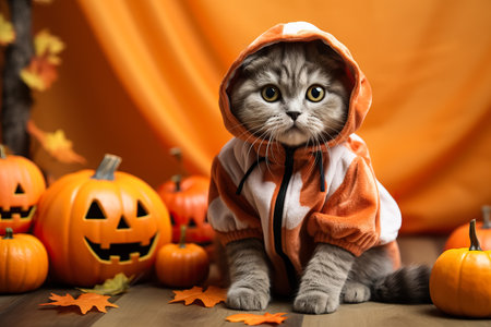 A Scottish Fold cat wearing a Halloween costumeの素材