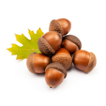 acorns and oak leaf isolated on white background.の素材