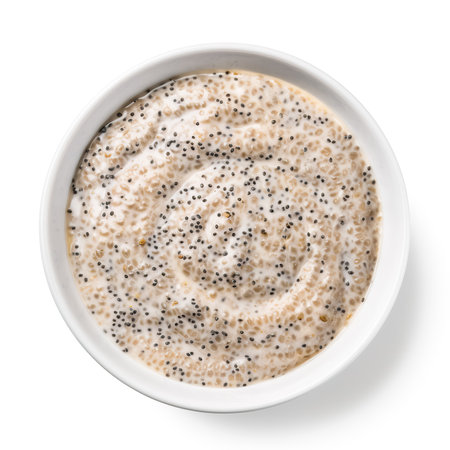 Chia Seed Porridge cooked top view isolated on white backgroundの素材