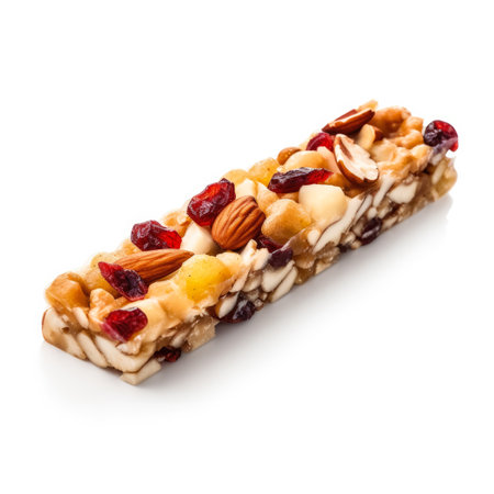 granola bar with nuts and dried cranberries isolated on white backgroundの素材