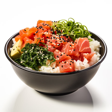 Hawaiian poke bowl with seaweed isolated on white background side viewの素材