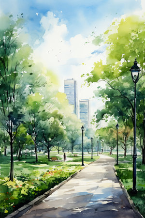 Watercolor painting of a street in a city park with trees and flowers.の素材