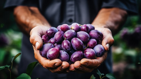 Farmer holding plums in his hands, close-up.の素材