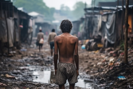 Hungry man on the slum district back viewの素材