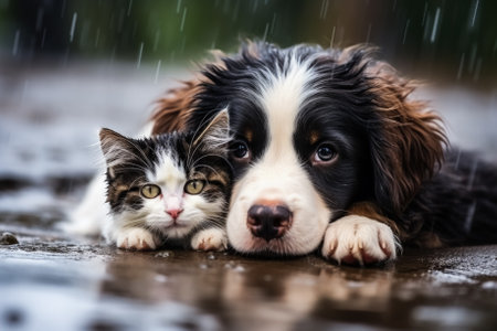 Lonely honeless cat and dog lying together during rain outsideの素材