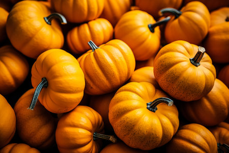 Fresh organic pumpkins in autumn tray market agriculture farm background, top viewの素材