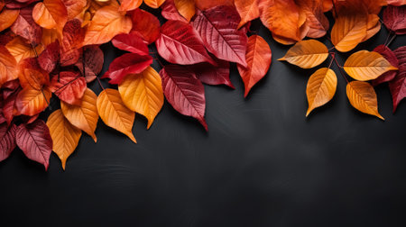 Autumn background with colored red leaves on black slate background top view copy spaceの素材