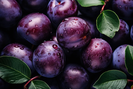 Ripe organic plums in autumn tray market agriculture farm background top viewの素材